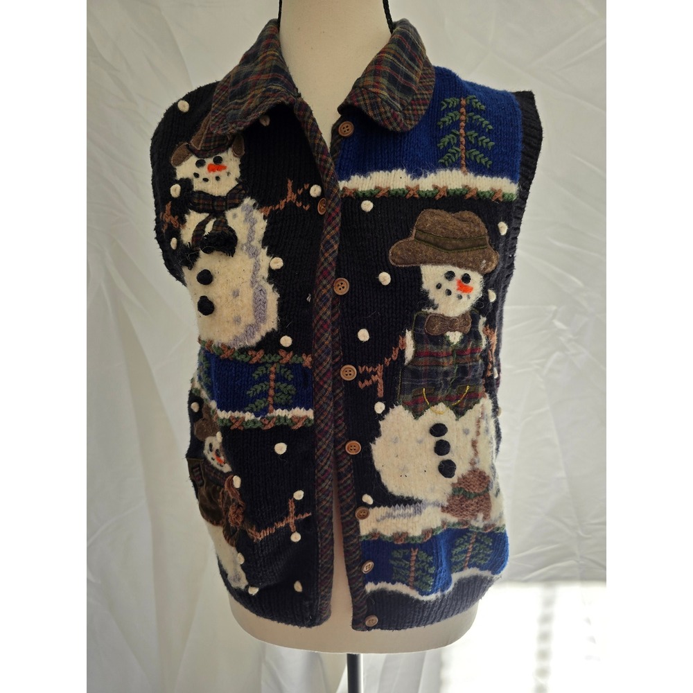 Vintage Belle Pointe Womens Vest Snowman Plaid Christmas Applique Button Front M